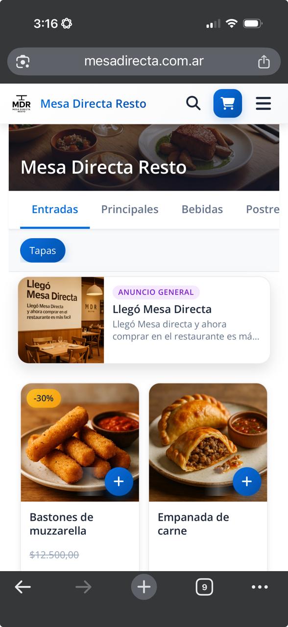 Vista del menú QR en el celular del cliente