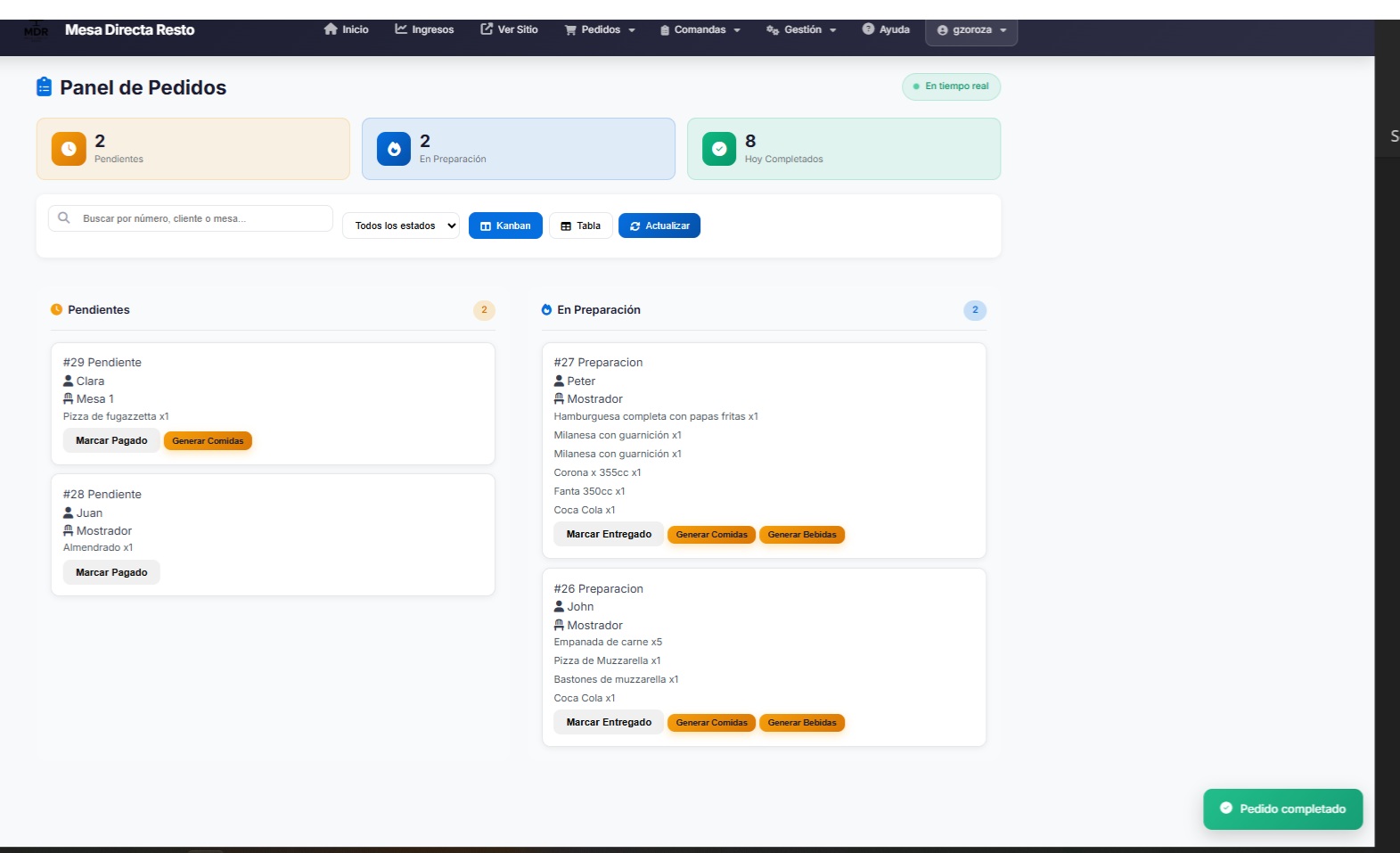 Panel de pedidos en formato kanban con estados